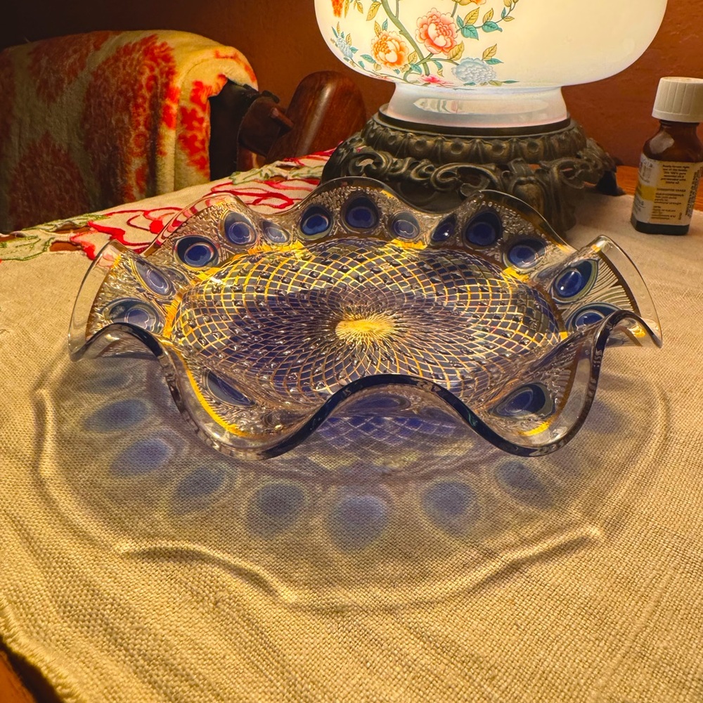 Hand blown Parisian plate 7” diameter peacock